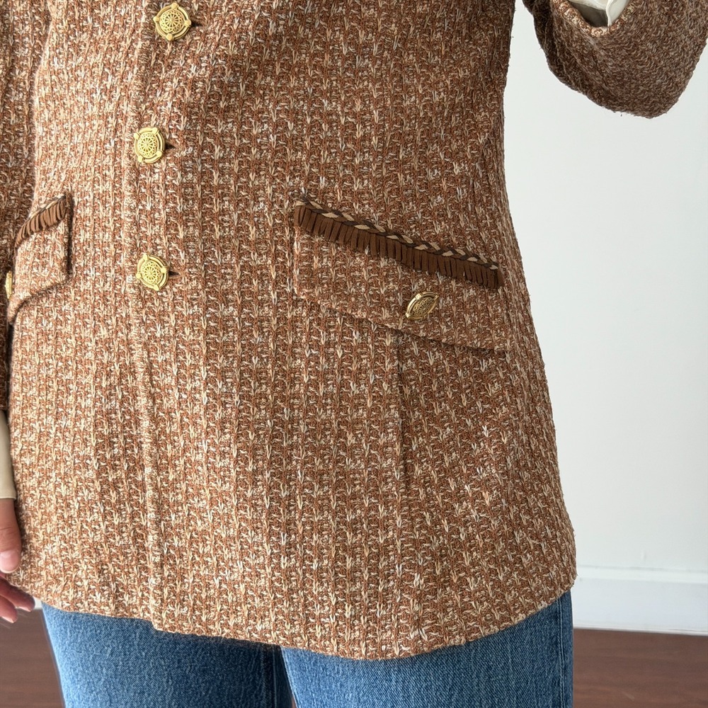 St John Tweed Jacket 12 Brown Textured Knit Gold Button Fringe Equestrian Luxury - Picture 3 of 16